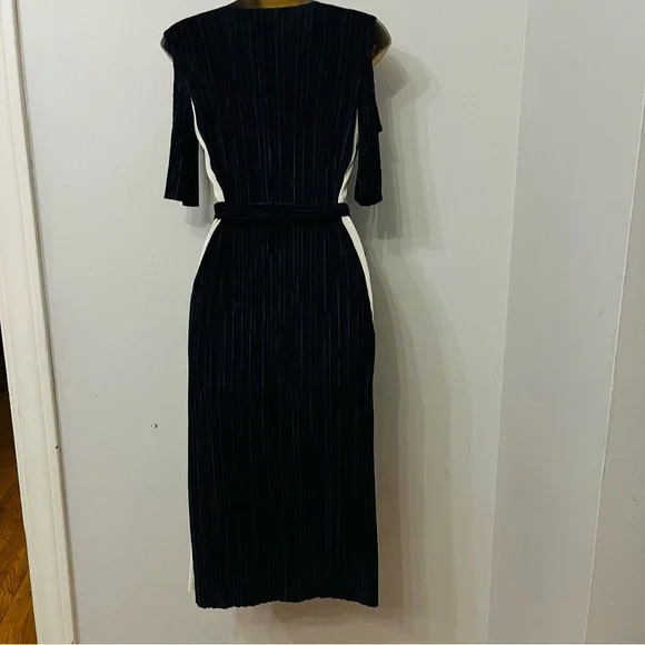 Topshop Pleated Midi Dress – Navy Cream Colorblock Tie Waist – Size 6 - Picture 5 of 6